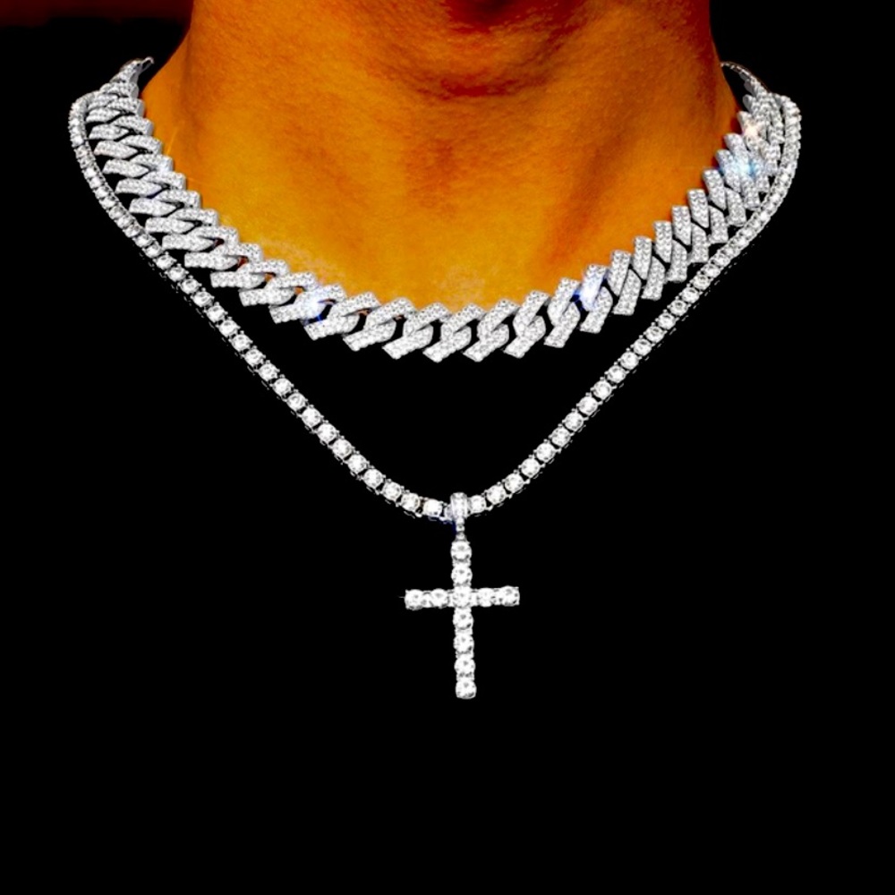 Tennis Chian Iced Out Cross Pendant